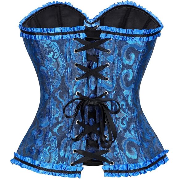 Women's Black/Blue Lace up Boned Bustier Floral Overbust Corset for Halloween - Picture 2 of 5